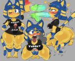  &lt;3 animal_crossing ankha_(animal_crossing) anthro balls big_butt blue_eyes blue_hair blush breasts butt clothing disembodied_hand disembodied_penis domestic_cat duo english_text felid feline felis fellatio female finger_in_mouth genitals hair hi_res kneeling looking_at_viewer male male/female mammal markings nintendo one_eye_closed onomatopoeia open_mouth oral penile penis purple_yoshi_draws sex shirt sound_effects striped_markings striped_tail stripes tail tail_markings text thick_thighs tongue tongue_out topwear yellow_body 
