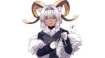  1girl animal_ear_fluff animal_ears arknights black_coat carnelian_(arknights) carnelian_(hohenlohe_chillysand)_(arknights) closed_eyes coat commentary dark-skinned_female dark_skin fur-trimmed_coat fur_shawl fur_trim gloves goat_horns highres holding holding_instrument horns instrument looking_at_viewer mizuha_rei music musical_note open_mouth playing_instrument shawl short_hair simple_background smile solo triangle_(instrument) white_background white_gloves white_hair 