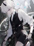  1boy belt bishounen black_belt black_footwear black_shorts black_vest collared_shirt demon_boy demon_horns demon_tail formal gloves grey_gloves highres horns long_sleeves male_focus namiki_itsuki original purple_eyes shirt short_hair shorts solo tail vest white_hair white_shirt 