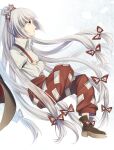  absurdres back_cover boots brown_footwear cover crossed_arms from_side fujiwara_no_mokou highres kaede_(mmkeyy) long_hair long_sleeves ofuda ofuda_on_clothes pants red_eyes red_pants shirt sitting suspenders touhou very_long_hair white_hair white_shirt 