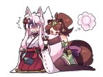  2girls animal_ears biting black_gloves blush book breasts brown_gloves brown_hair brown_thighhighs closed_eyes cotton_candy elbow_gloves fang fingerless_gloves fox_ears fox_girl fox_tail gloves highres holding holding_book hugging_another&#039;s_tail hugging_tail japanese_clothes leaf leaf_on_head littlecloudie long_hair medium_breasts miko multiple_girls open_mouth original raccoon_ears raccoon_girl raccoon_tail red_eyes seiza shaded_face short_hair short_ponytail simple_background sitting tail tail_biting thighhighs thought_bubble wariza white_background white_hair 