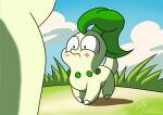  ambiguous_gender blush butt chikorita cloud embarrassed feral generation_2_pokemon grass lucky_(luckyfoxpaws) luckyfoxpaws male_(lore) nintendo plant pokemon pokemon_(species) pokemon_mystery_dungeon sky solo 