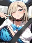  1girl absurdres asuna_(blue_archive) blonde_hair blue_archive blue_bra blue_nails bra breasts car_interior grin hair_over_one_eye halo highres lace lace_bra large_breasts long_hair looking_at_viewer nail_polish nearvel school_uniform shirt smile solo underwear v white_shirt 