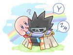  ? blue_sky blush_stickers cape colored_skin commentary_request dark_matter dark_matter_blade grass handheld_game_console highres kirby kirby&#039;s_dream_land_2 kirby_(series) nintendo_switch no_humans oceannuts one-eyed pink_skin rainbow sky solid_oval_eyes 