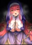  1girl breast_curtain breasts chain chain_leash cleavage cross from_above habit heavy_breathing heterochromia highres hololive houshou_marine huge_breasts kneeling leash long_hair looking_at_viewer nun open_mouth own_hands_together red_eyes red_hair saliva solo sweat tongue tongue_out uchi1048 veil very_long_hair viewer_holding_leash virtual_youtuber yellow_eyes 