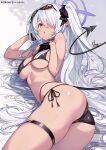  1girl ass bare_shoulders bikini black_bikini black_gloves blue_archive blush breasts choker commentary_request dark-skinned_female dark_skin demon_tail eyewear_on_head gloves grey_hair hair_over_one_eye hair_ribbon halo hong_(white_spider) iori_(blue_archive) iori_(swimsuit)_(blue_archive) long_hair looking_at_viewer lying medium_breasts navel on_side open_mouth pointy_ears red_eyes ribbon solo sunglasses swimsuit tail thigh_strap thighs twintails variant_set very_long_hair 