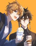  2boys alternate_costume black_shirt blue_eyes blue_sleeves brown_hair cup earrings genshin_impact glasses hair_between_eyes highres holding holding_cup jewelry multiple_boys open_mouth orange_background orange_hair shirt short_hair simple_background smile tartaglia_(genshin_impact) teeth upper_teeth_only white_shirt xia_(ryugo) yellow_eyes zhongli_(genshin_impact) 