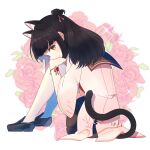  1girl animal_ear_fluff animal_ears azur_lane black_footwear black_hair black_sailor_collar black_skirt cat_ears cat_girl cat_tail closed_mouth coat flower from_side highres knees_up long_sleeves looking_at_viewer looking_to_the_side pink_coat red_flower red_rose red_wristband rose sailor_collar sitting skirt smile solo tail thighhighs white_thighhighs wide_sleeves wristband yellow_eyes yukichi_(eikichi) yuugure_(azur_lane) 