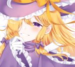  1girl blonde_hair bow crescent dress frilled_hat frilled_sleeves frills gloves hair_over_one_eye hand_on_own_chin hat hat_bow highres kirisame_marisa kirisame_marisa_(pc-98) long_hair long_sleeves milll_77 phantasmagoria_of_dim.dream purple_dress purple_eyes purple_headwear ribbon smile solo touhou touhou_(pc-98) turtleneck white_gloves wide_sleeves witch_hat 