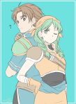  1boy 1girl ? armor back-to-back brown_eyes brown_hair fire_emblem fire_emblem:_the_blazing_blade green_eyes green_hair miisa one_eye_closed rebecca_(fire_emblem) upper_body wil_(fire_emblem) 