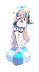  1girl absurdres alcohol asuna_(blue_archive) bare_shoulders bent_over blue_archive blue_ribbon blush breasts champagne champagne_bottle cleavage cup drinking_glass elbow_gloves full_body funaya_(a2brasd) gloves hair_over_one_eye hair_ribbon halo highres holding holding_tray huge_breasts long_hair maid maid_headdress mole mole_on_breast ribbon simple_background smile solo standing star_(symbol) thighhighs thighs tray twintails very_long_hair white_background white_gloves 