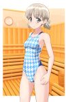  1girl absurdres aki_(girls_und_panzer) blue_one-piece_swimsuit breasts commentary_request competition_swimsuit cowboy_shot girls_und_panzer green_eyes highres houndstooth light_brown_hair looking_at_viewer low_twintails one-piece_swimsuit sauna short_hair short_twintails small_breasts solo standing swimsuit takafumi twintails two-tone_swimsuit 