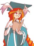  1girl animal_ears book braid breath_of_fire breath_of_fire_iii djolk elbow_gloves glasses gloves hat highres holding holding_book long_hair momo_(breath_of_fire) mortarboard rabbit_ears red_eyes red_hair robe solo twin_braids wide-eyed 