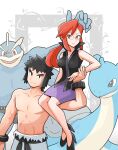  1boy 1girl abs belt black_belt black_eyes black_footwear black_hair black_shirt bracelet breasts bruno_(pokemon) commentary_request ffccll glasses high_heels highres holding_hands jewelry lapras long_hair long_sideburns lorelei_(pokemon) machamp pants pectorals pencil_skirt pokemon pokemon_(creature) pokemon_(game) pokemon_frlg pokemon_masters_ex ponytail purple_skirt shirt sideburns skirt sleeveless sleeveless_shirt topless_male torn_clothes torn_pants 