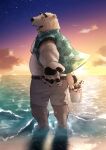  2023 anthro beach bear belly black_nose bottomwear clothing cloud detailed_background eyewear hi_res humanoid_hands kemono kotori male mammal outside overweight overweight_male polar_bear seaside shirt shorts solo sunglasses topwear ursine water white_body 