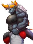  2023 anthro behemoth_(ff) big_abs big_biceps big_bulge big_muscles big_nipples big_pecs big_penis black_body black_skin blue_body blue_eyes blue_skin bodily_fluids bottomwear bulge butt clothed clothing ear_piercing ear_ring elbow_fin facial_hair fin final_fantasy flexor_carpi genitals goatee hair hi_res horn horn_jewelry horn_ring huge_bulge huge_muscles huge_penis hugothecorgo jewelry male mammal mcjick meme muscular muscular_anthro muscular_male nipples open_bottomwear open_clothing open_pants orange_horn pants pecs penile_spines penis piercing red_clothing red_underwear ring_(jewelry) ring_piercing side_view sideburns solo square_enix sweat tail_spines tight_pants_(meme) topless triceps tusks underwear vein veiny_muscles white_bottomwear white_clothing white_hair white_pants wristband 