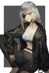  1girl breasts eyepatch girls&#039;_frontline highres jacket long_hair m16a1_(boss)_(girls&#039;_frontline) m16a1_(girls&#039;_frontline) pants scar scar_on_face solo white_hair xanax025 yellow_eyes 