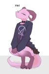  2023 absurd_res anthro artist_name bottomwear clothed clothing digital_media_(artwork) fully_clothed hi_res horn jarnqk kobold leg_markings looking_at_viewer lya_(jarnqk) markings pink_body simple_background skirt socks_(marking) solo white_background 