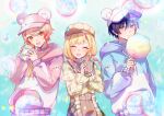  1girl 2boys animal_ears aoyagi_touya baseball_cap bear_ears blonde_hair blue_hair blush brown_skirt bubble_tea cabbie_hat choker closed_eyes closed_mouth cotton_candy cup grey_eyes hat highres holding holding_cup hood hood_down hoodie long_sleeves low_twintails multicolored_hair multiple_boys open_mouth otorrio pink_hair pink_headwear pink_hoodie project_sekai shirt skirt smile split-color_hair tenma_saki tenma_tsukasa twintails white_choker white_headwear white_hoodie yellow_shirt 