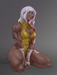  1girl abs bandaged_arm bandages blue_eyes cleavage_cutout clothing_cutout dark_skin dlusional hair_down heterochromia highres kneeling leotard looking_to_the_side muscular muscular_female original pink_lips scar scar_on_cheek scar_on_face solo thick_thighs thighs white_hair yellow_eyes 