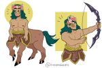  anthro blush bow_(weapon) brown_body brown_fur centaur clothed clothing equid equid_taur equine flower flower_crown fur green_eyes green_hair green_tail hair head_wreath holding_object holding_weapon hooves horn horned_humanoid horse human humanoid humanoid_taur latreus male mammal mammal_taur nipples plant ranged_weapon simple_background smile solo tail taur weapon zipperqwerty 