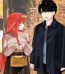  1boy 1girl :d ahoge arms_at_sides bag black_coat black_hair black_skirt blue_shirt blurry blurry_background breasts brown_sweater christmas closed_mouth coat commentary couple cowboy_shot dating eyebrows_hidden_by_hair go-toubun_no_hanayome hair_between_eyes handbag hands_up hetero highres holding holding_bag large_breasts light_blush long_hair looking_at_another mame1645 nakano_itsuki nose open_mouth orange_eyes photo_background profile red_hair shirt short_hair side-by-side sidelocks skirt sleeves_past_wrists smile standing sweater swept_bangs symbol-only_commentary uesugi_fuutarou very_long_hair winter_clothes 