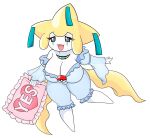  &lt;3 anthro armwear big_breasts black_eyes blue_clothing breasts clothing female generation_3_pokemon green_eyes hi_res jirachi legendary_pokemon meme nintendo open_mouth pijama pillow pokeball pokemon pokemon_(species) simple_background solo tunic urusee584 white_background white_body yes_pillow 