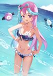  1girl alternate_costume bikini blurry bow-shaped_hair breasts cleavage collarbone commentary_request day frilled_bikini frills green_hair hand_on_own_hip highres iono_(pokemon) long_hair multicolored_hair navel nohohon_neko open_mouth outdoors pink_eyes pink_hair pokemon pokemon_(game) pokemon_sv smile sparkle swimsuit two-tone_hair wading water wet 