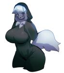  anthro big_breasts black_clothing black_dress black_hoodie black_topwear blush breasts canid canine clothing curvy_figure dress ears_down female fox fur glistening glistening_clothing grey_eyes hair hoodie huge_breasts looking_at_viewer mammal open_mouth pivoted_ears simple_background smile solo standing tail topwear utterangle white_background white_body white_fur white_hair wide_hips 