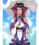  1girl 91007 bare_shoulders bendy_straw black_headwear blue_one-piece_swimsuit blush breasts cleavage clothing_cutout cup drink drinking drinking_glass drinking_straw fire_emblem fire_emblem_engage fire_emblem_heroes flower hat highres holding holding_cup holding_drink ivy_(fire_emblem) ivy_(summer)_(fire_emblem) large_breasts long_hair looking_at_viewer mole mole_under_mouth navel official_alternate_costume one-piece_swimsuit purple_eyes purple_hair solo stomach stomach_cutout swimsuit wet wet_clothes wet_hair 