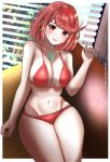  1girl absurdres artist_name bikini blush border breasts commentary couch earrings english_commentary highres jewelry langspower navel on_couch pyra_(xenoblade) red_bikini red_eyes red_hair short_hair smile solo swept_bangs swimsuit white_border xenoblade_chronicles_(series) xenoblade_chronicles_2 