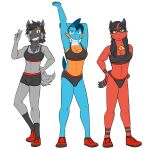  anthro anthrofied bikini bottomwear breasts clothing crossgender female footwear fuze gao_(fuze) generation_3_pokemon generation_7_pokemon gesture group hands_on_hips hi_res hotpants looking_at_viewer lucas_(fuze) marshtomp midriff mtf_crossgender navel nintendo pawl_(fuze) pokemon pokemon_(species) pokemorph poochyena shoes shorts simple_background socks stretching swimwear torracat trio v_sign white_background 