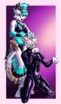  absurd_res anthro bikini blue_body blue_eyes blue_fur blue_hair bodysuit brown_body brown_fur bulge canid canine canis clothing collar dark_body dark_fur detailed detailed_fur digitigrade domestic_cat dominant dominant_female duo felid feline felis female fur hair hi_res kaala_(waifukaala) kaalathewolf kneeling latex leonardo_(leo_the_cat) looking_at_another male male/female mammal petplay roleplay rubber_clothing rubber_suit simple_background skinsuit swimwear tight_clothing white_body white_fur wolf 