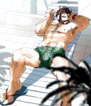  1boy abs arm_behind_head arm_hair armpit_hair armpits bara beard body_hair brown_hair bulge chest_hair facial_hair foot_out_of_frame graves_(league_of_legends) green_male_swimwear hair_slicked_back hairy hands_up headphones karipaku large_pectorals league_of_legends leg_hair lying male_focus male_swimwear mature_male muscular muscular_male mustache navel navel_hair nipples official_alternate_costume on_back pectorals poolside removing_eyewear sandals short_hair solo sparkling_sweat spread_legs stomach sunglasses sunlight swim_trunks thick_eyebrows thick_thighs thighs topless_male wet 