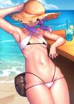 1girl absurdres arm_up armpits beach bikini black_bikini breasts brown_headwear closed_mouth cup drink drinking_glass hand_on_headwear hat highres layered_bikini long_hair looking_at_viewer low_twintails navel nicchi ocean purple_eyes purple_hair sitting small_breasts smile solo stomach stool straw_hat swimsuit table toned twintails voiceroid water white_bikini yuzuki_yukari 
