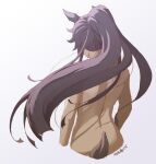  1girl animal_ears artist_name bare_back black_hair commentary_request cropped_legs dark_skin from_behind horse_ears horse_girl horse_tail long_hair mukakin narita_brian_(umamusume) nude ponytail simple_background solo tail umamusume very_long_hair white_background 