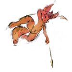  1:1 anthro big_ears brown_hair dipstick_tail eyes_closed featureless_crotch fur grin hair hi_res holding_object holding_spear holding_weapon inner_ear_fluff male markings melee_weapon nude orange_body orange_fur orange_inner_ear_fluff oselotti polearm short_hair signature simple_background smile solo spear species_request tail tail_markings tuft weapon white_background 