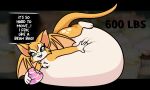  anthro bat belly big_belly cupcake dialogue dust:_an_elysian_tail eating female fidget_(elysian_tail) food fur green_eyes growth_drive hi_res hyper hyper_belly immobile mammal navel nimbat open_mouth orange_body orange_fur overweight pompuffy_(artist) smile solo stuffing tail text weight_gain white_body white_fur wings 