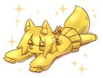  1girl animal_ear_fluff animal_ears fox_ears fox_girl fox_tail full_body gold golden_week hair_between_eyes kemomimi-chan_(naga_u) long_sleeves looking_at_viewer lying naga_u on_stomach original pleated_skirt shirt simple_background skirt sleeves_past_fingers sleeves_past_wrists solo sparkle tail thighhighs v-shaped_eyebrows white_background 