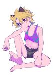  1boy absurdres animal_ears bandages barefoot black_ears blonde_hair bulge cat_ears choker earrings feet highres indie_virtual_youtuber jewelry kainen male_focus midriff mole navel otoko_no_ko pout red_eyes sh_un2 shorts soles solo stomach tank_top 