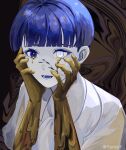  1other androgynous artist_name blue_eyes blue_hair blunt_bangs colored_eyelashes colored_skin cracked_skin crying crying_with_eyes_open crystal_hair hands_on_own_face heterochromia highres houseki_no_kuni looking_ahead melting moon_uniform_(houseki_no_kuni) open_mouth phosphophyllite phosphophyllite_(ll) portrait shirt short_hair solo spoilers tears twitter_username white_eyes white_shirt yori_(user_yvfv5333) 