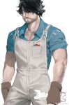  1boy bara beard black_hair chest_hair collared_shirt cowboy_shot facial_hair hair_over_one_eye highres holding holding_wrench male_focus mature_male mechanic muscular muscular_male mustache original overalls partially_unbuttoned pectoral_cleavage pectorals pencil shirt short_hair solo thick_eyebrows unfinished wrench yuuko_(yuuko891) 