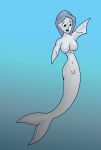  animal_humanoid anthro black_eyes blue_background breasts chaos-07 curvy_figure featureless_breasts featureless_crotch female fin_hands fish flipper_hands gradient_background grey_body grey_hair hair hourglass_figure human_ears humanoid humanoid_face marine marine_humanoid merfolk navel open_mouth shark shark_tail simple_background solo split_form 