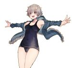  1girl :d armpits bare_shoulders black_one-piece_swimsuit blue_jacket blush breasts bright_pupils brown_eyes cleavage commentary covered_navel cowboy_shot floating_clothes foeyp from_below fur-trimmed_jacket fur_trim grey_hair hair_between_eyes hood hood_down hooded_jacket jacket jacket_over_swimsuit looking_at_viewer looking_down off_shoulder one-piece_swimsuit open_clothes open_jacket original outstretched_arms school_swimsuit school_swimsuit_flap short_hair simple_background small_breasts smile solo spread_fingers standing swimsuit t-pose teeth tomboy tomboy_(foeyp) upper_teeth_only very_short_hair white_background white_pupils wide-eyed 
