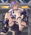  1girl belt black_gloves boots boots_removed breasts detached_collar eyewear_on_head fingerless_gloves fishnet_socks fishnets fur_trim gloves grey_eyes grey_hair hair_ornament hairclip honkai:_star_rail honkai_(series) jacket shorts silver_wolf_(honkai:_star_rail) sitting socks solo sunglasses xssh 