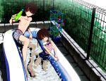  1boy 1girl absurdres ahoge bad_id bad_twitter_id barefoot blush brother_and_sister brown_eyes brown_hair day fence full_body highres holding holding_water_gun honnryou_hanaru long_hair looking_at_viewer original outdoors parted_lips partially_submerged plant ruri_honjou shirt shorts siblings sitting striped striped_shirt topless_male twintails wading_pool water water_gun 