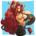  absurd_res animal_humanoid armor bewbchan biceps big_breasts bovid bovid_humanoid bovine bovine_ears bovine_humanoid bracers breasts bulging_breasts butt clothing curved_horn female hair hi_res horn huge_breasts humanoid hyper hyper_breasts long_hair mammal mammal_humanoid muscular muscular_female red_hair scar shirt side_boob side_view skindentation solo tail tail_tuft tank_top tight_clothing topwear tuft 
