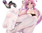  1girl :o bare_shoulders blush collarbone feet feet_up foot_focus forehead_jewel foreshortening fu_xuan_(honkai:_star_rail) full_body hair_ornament honkai:_star_rail honkai_(series) kukoi legs long_hair looking_at_viewer multicolored_eyes pantyhose parted_bangs parted_lips pink_hair shoes shoes_removed sidelocks simple_background soles solo strapless toes white_background white_pantyhose yellow_eyes 