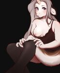  2022 5_fingers anthro babydoll biped black_background blush breasts bulochka clothed clothing digital_media_(artwork) dressing equid equine eyebrows eyelashes facial_blush female fingers fur grey_hair hair hi_res horn legwear long_hair looking_at_viewer mammal nightgown off_shoulder one_breast_out purple_eyes shaded simple_background solo unicorn white_body white_fur 