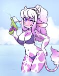  2015 anthro big_breasts bikini biped bovid bovine breasts cattle clothed clothing digital_media_(artwork) female hi_res holstein_friesian_cattle jocelyn looking_at_viewer mammal one_eye_closed outside partially_submerged solo standing swimwear tongue tongue_out toy toy_gun water water_gun wink zyira 